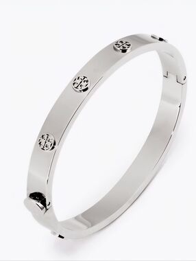 Tory Burch Silver Logo-Stud Hinged Bangle Bracelet